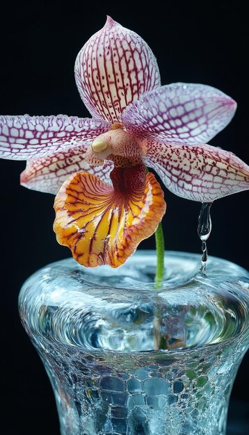 Water Droplet Falling into a Glass Vase with an Orchid Flower