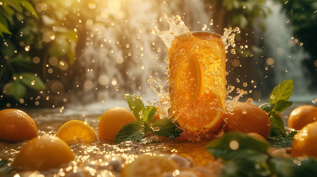 a water droplet falls from a waterfall with oranges and lemons