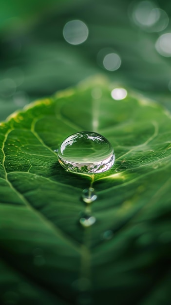 Water droplet on a green leaf The concept of nature and purity