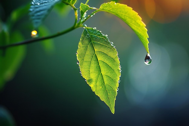 A water droplet hanging from the edge of a green leaf in a closeup shot macro photography fresh a