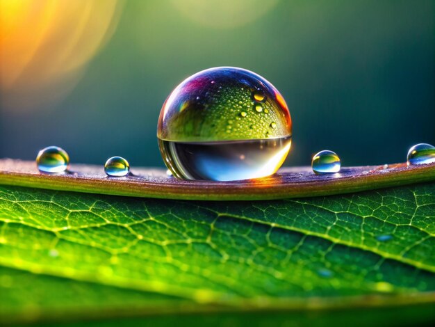 a water droplet is on a green leaf