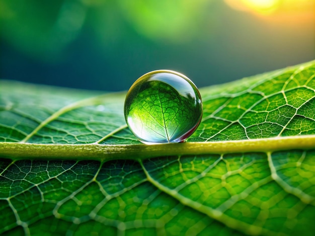 a water droplet is on a green leaf