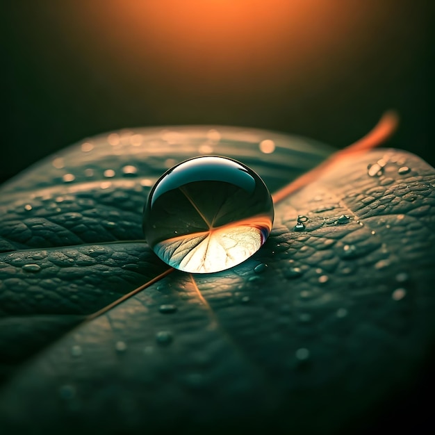 Photo a water droplet is on a leaf with the sun shining on it