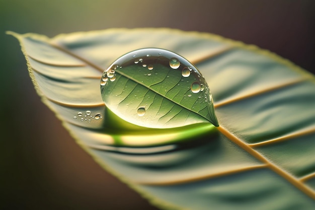 A water droplet on a leaf is reflected in the water.