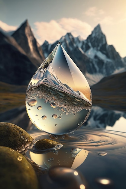 A water droplet on melting glacier puddle with icicles in the North Pole