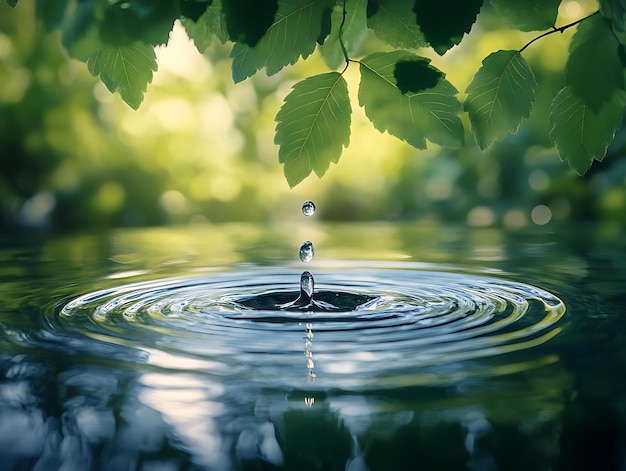 Water Droplet Ripples in a Still Pond Green Leaves Background Illustration