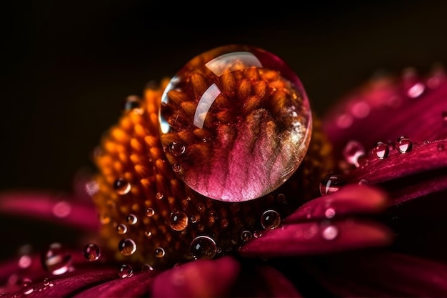 A water droplet sits on a flower with a dark background.