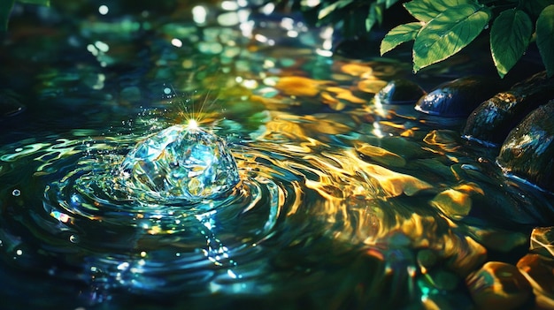 a water droplet with a green plant in the background