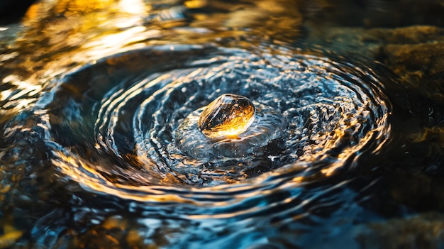 water droplet with a yellow reflection of the sun