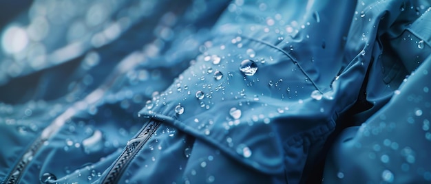 Water droplets bead on a blue waterproof fabric epitomizing functionality and protection