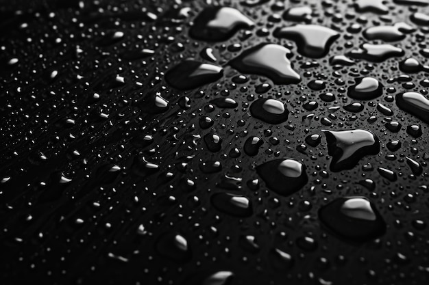 Water droplets captured in a closeup shot on a black surface Perfect for backgrounds textures or abstract concepts