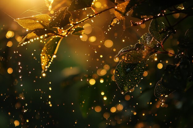 Water droplets cling to leaves illuminated by the setting sun creating a mesmerizing scene of natures beauty Glistening water droplets catching the sunlight