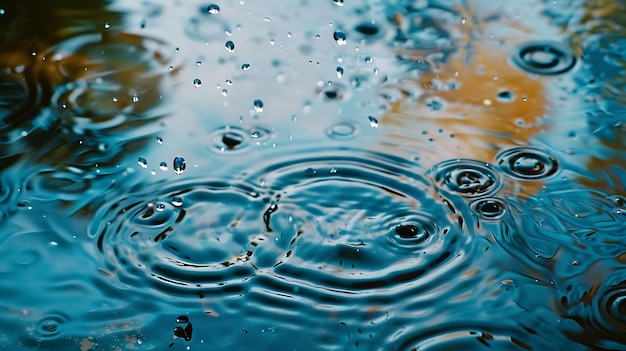 Water droplets falling into a puddle creating a series of concentric ripples The water is a deep blue color and the droplets are a lighter blue