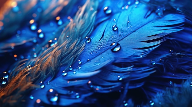 Water droplets on feather in blue colors