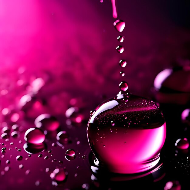 Water Droplets Forming on Pink Liquid Black Surface Closeup