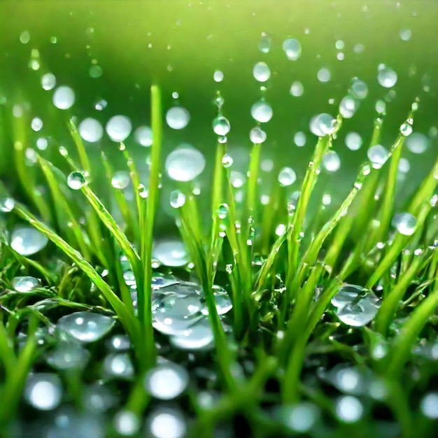 Photo water droplets on the grass and a green background