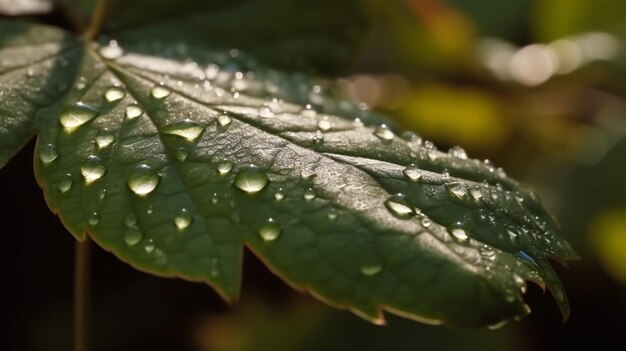 Water droplets on a green leaf in the early morning light