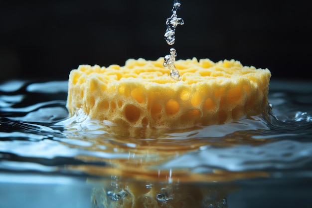 Photo water droplets playfully splash around a yellow sponge floating on a dark reflective surface