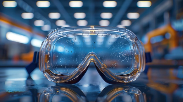 Water droplets on safety goggles with blurred industrial background showcasing workplace safety equi