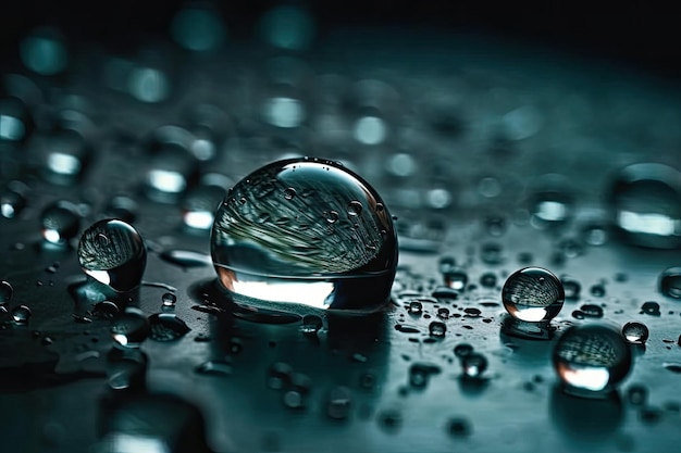 Water droplets on a sleek black surface with reflection Generative AI