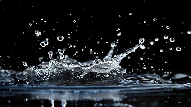 Water droplets splashing in a pool of water against a black background