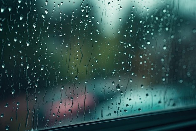 Water droplets on a window pane during a rainy day