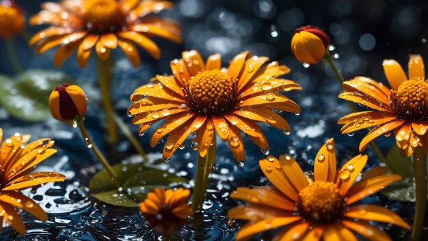 Water drops on a beautiful colorful daisy flowers gardens background design wallpaper