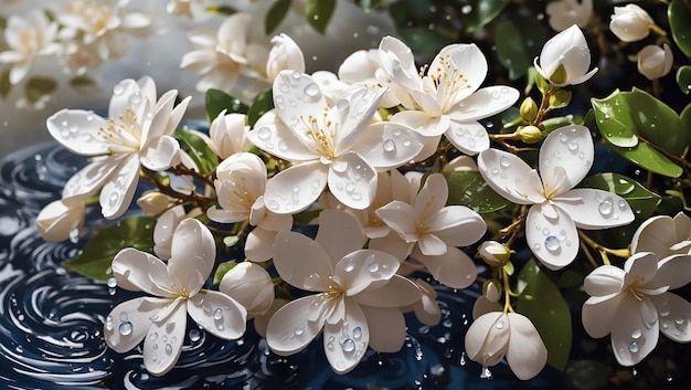 Water drops on beautiful colorful jasmine flowers gardens background wallpaper generated by AI