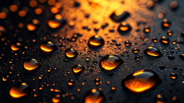 water drops on a black surface with the sun behind them