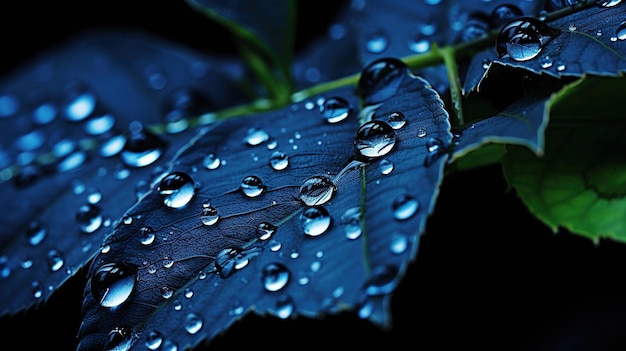 Water drops on a leaf in nature macro Many drops shade the blue color