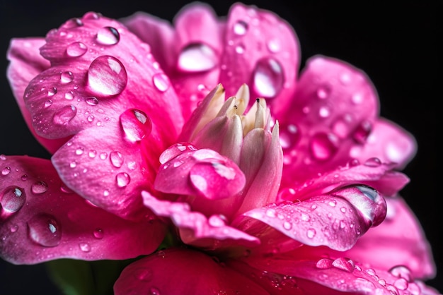 Water drops on petals of pink peony flower closeup Generative AI