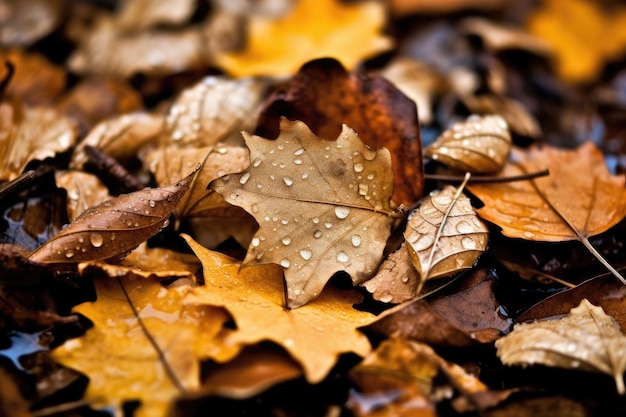 Water drops on a pile of crispy fallen leaves Closeup shot Productive AI