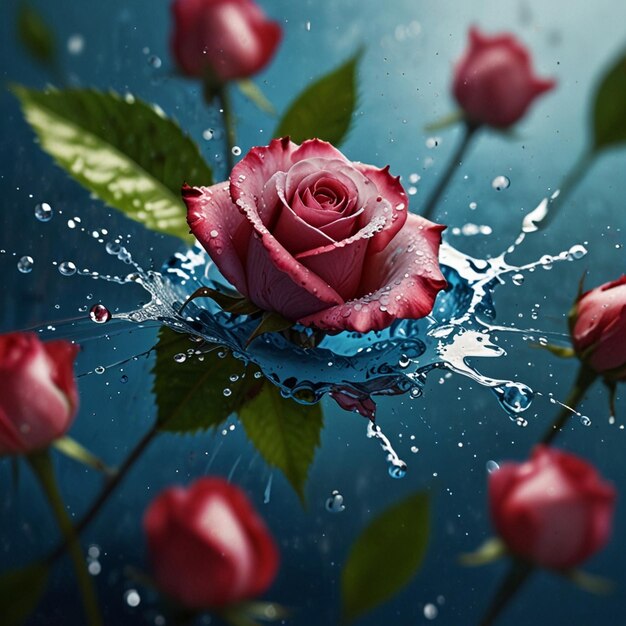 Water drops on pink rose petal closeup