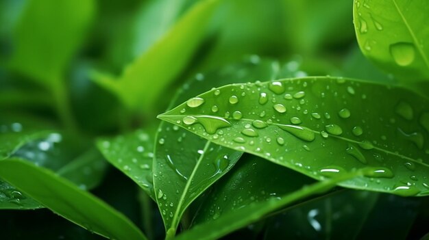 Water drops view over green fresh leaves Generative AI