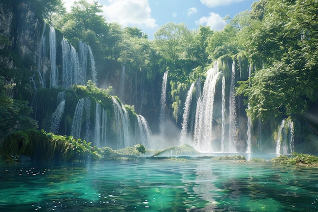 a water fall in front of a waterfall with a picture of a waterfall