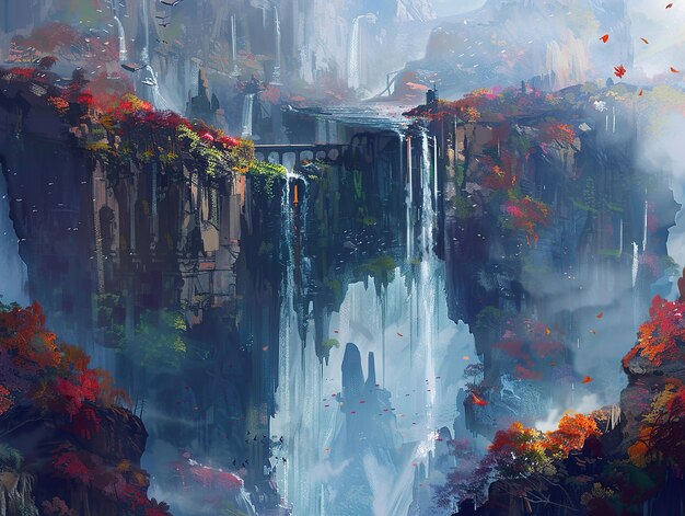 Photo a water fall is shown in this painting