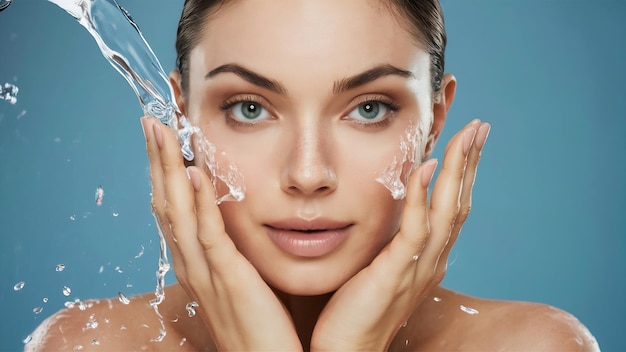 Water falling on the beautiful sensuality woman face with clean skin