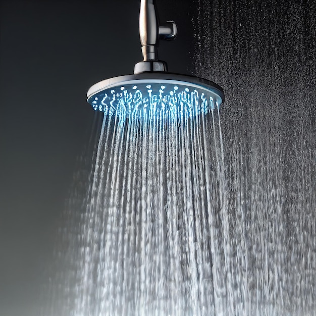 Water falling from shower head with blue led d render digital illustration