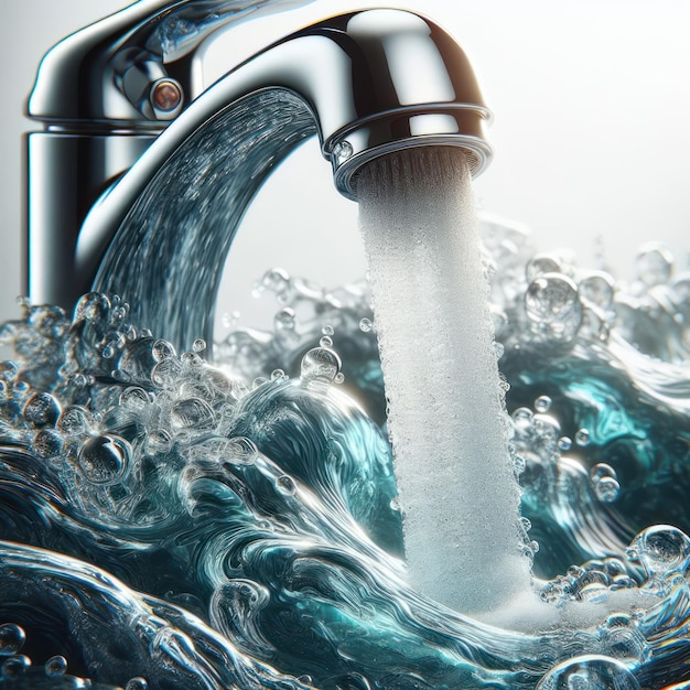 Water faucet closeup Running water in bathroom Isolated on white background