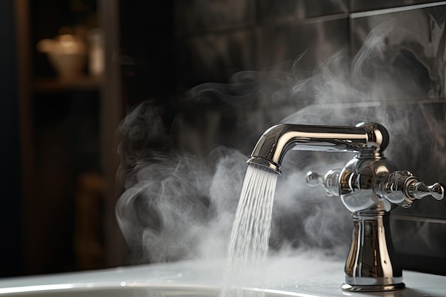 A water faucet is releasing scalding water into a bathtub causing steam to rise