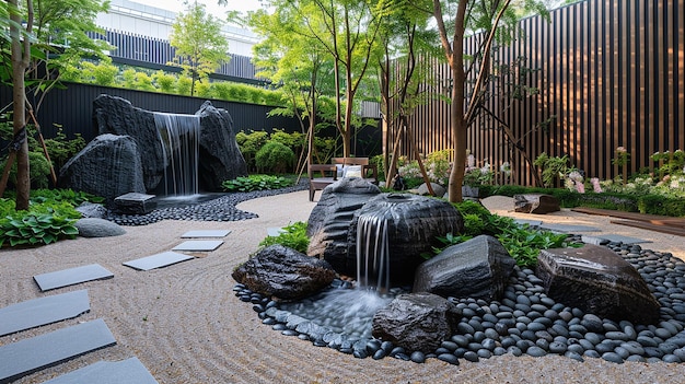 a water feature in a garden is surrounded by a wall of rocks and trees