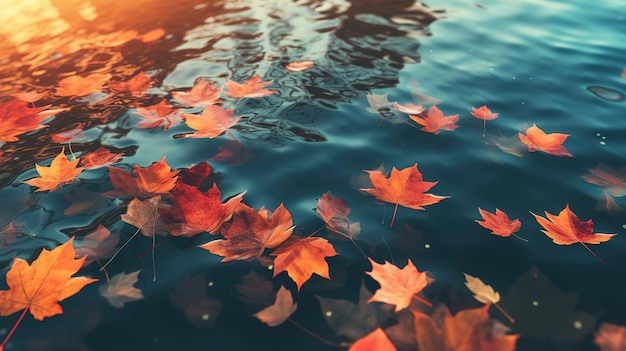 A water feature with maple leaves floating on it