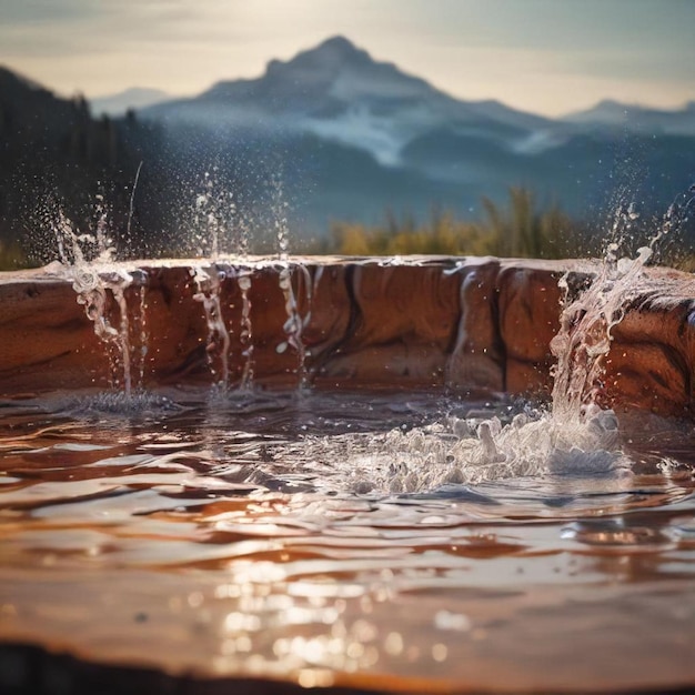 a water feature with a mountain in the background