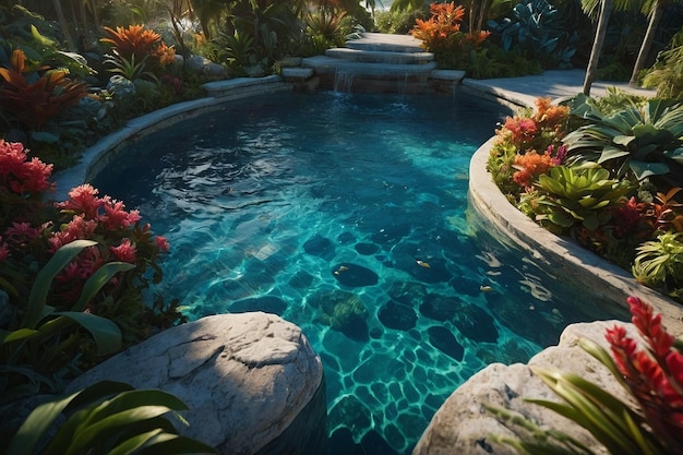 Photo a water feature with plants and flowers in the foreground