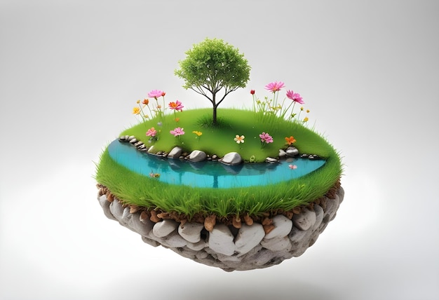 a water feature with a tree and flowers on it