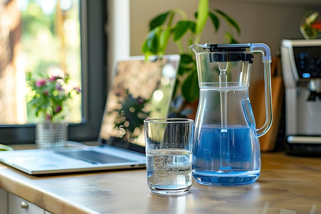 Photo a water filter pitcher glass and laptop on kitchen table