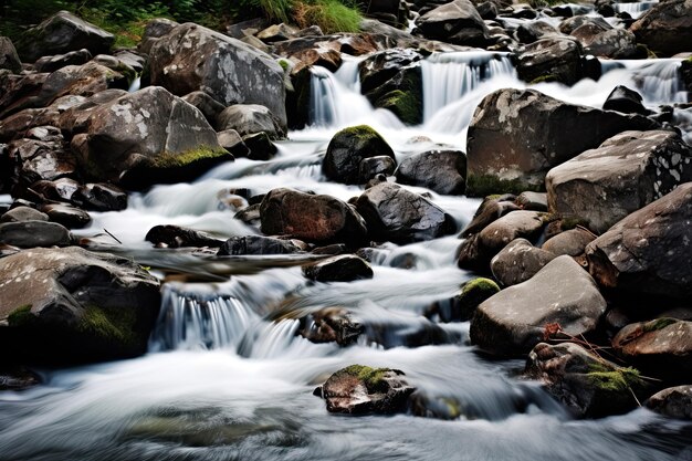 Water Flowing over Rocks in a Natural Landscape Serene Stream Cascade with Rocky Terrain