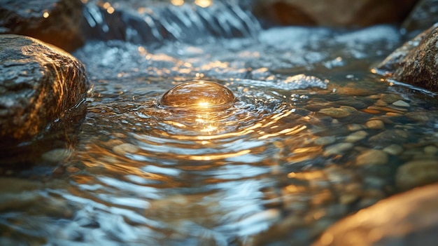 water flowing over a waterfall with a golden light