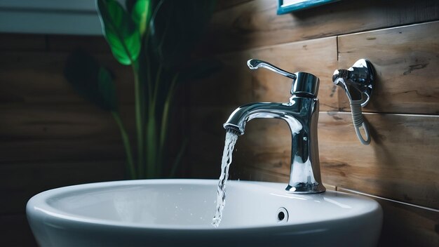 Water flows from the tap or faucet in bathroom copy space close up