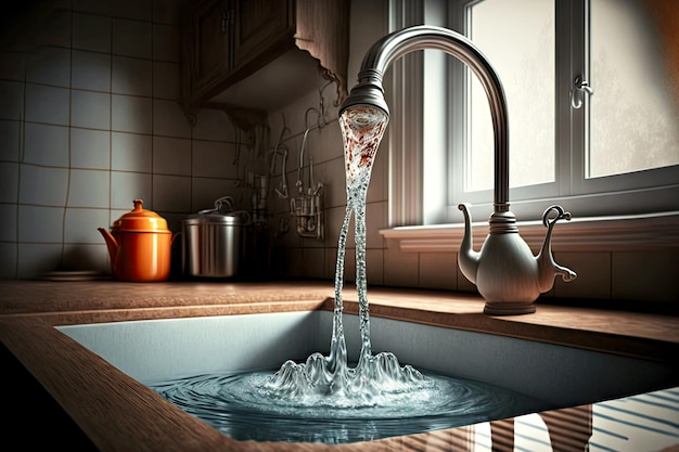 Water flows from tap similar to teapot into sink under window